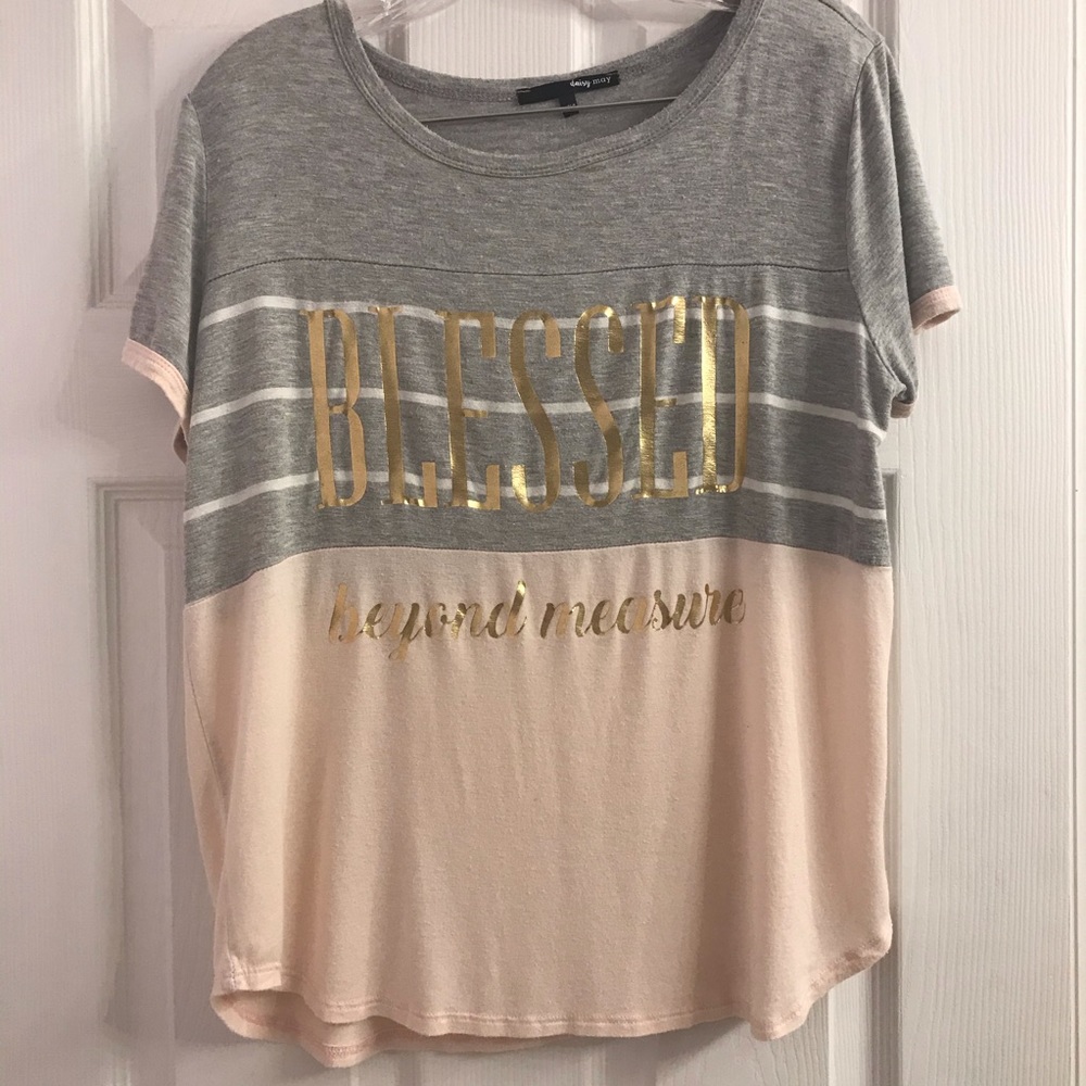 Daisy May Blessed Beyond Measure Peach & Gray Women’s Shirt Gold Lettering